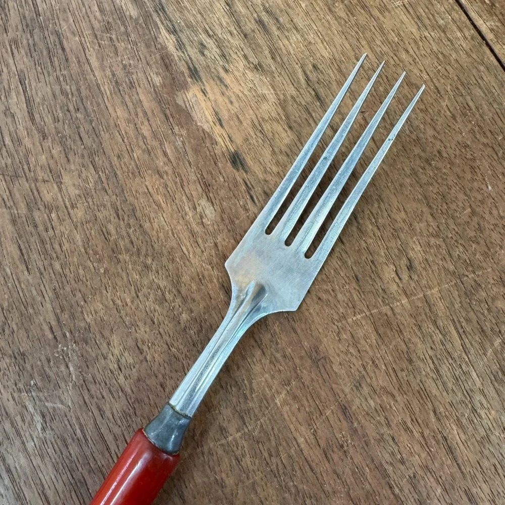 Vintage Sta-Brite Stainless Steel Fork Red‎ Bakelite Handle Made in USA